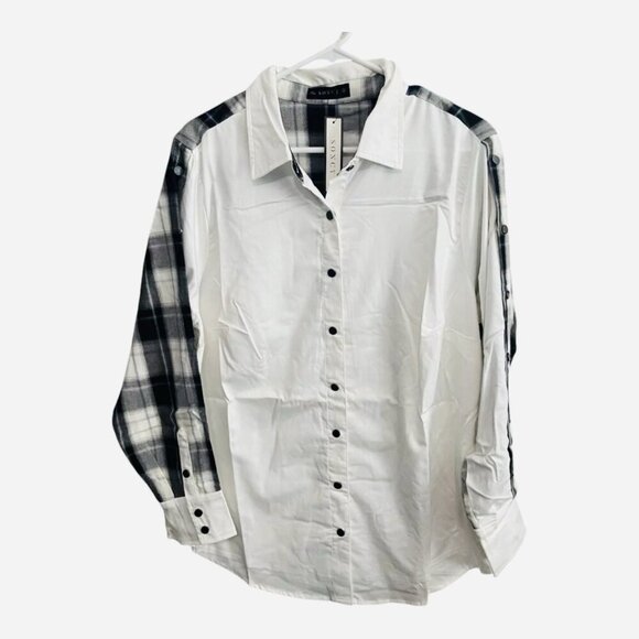 Soncy Tops - Soncy Women’s Contrast Long Sleeve Button Up White Black Plaid Size 00 (10)